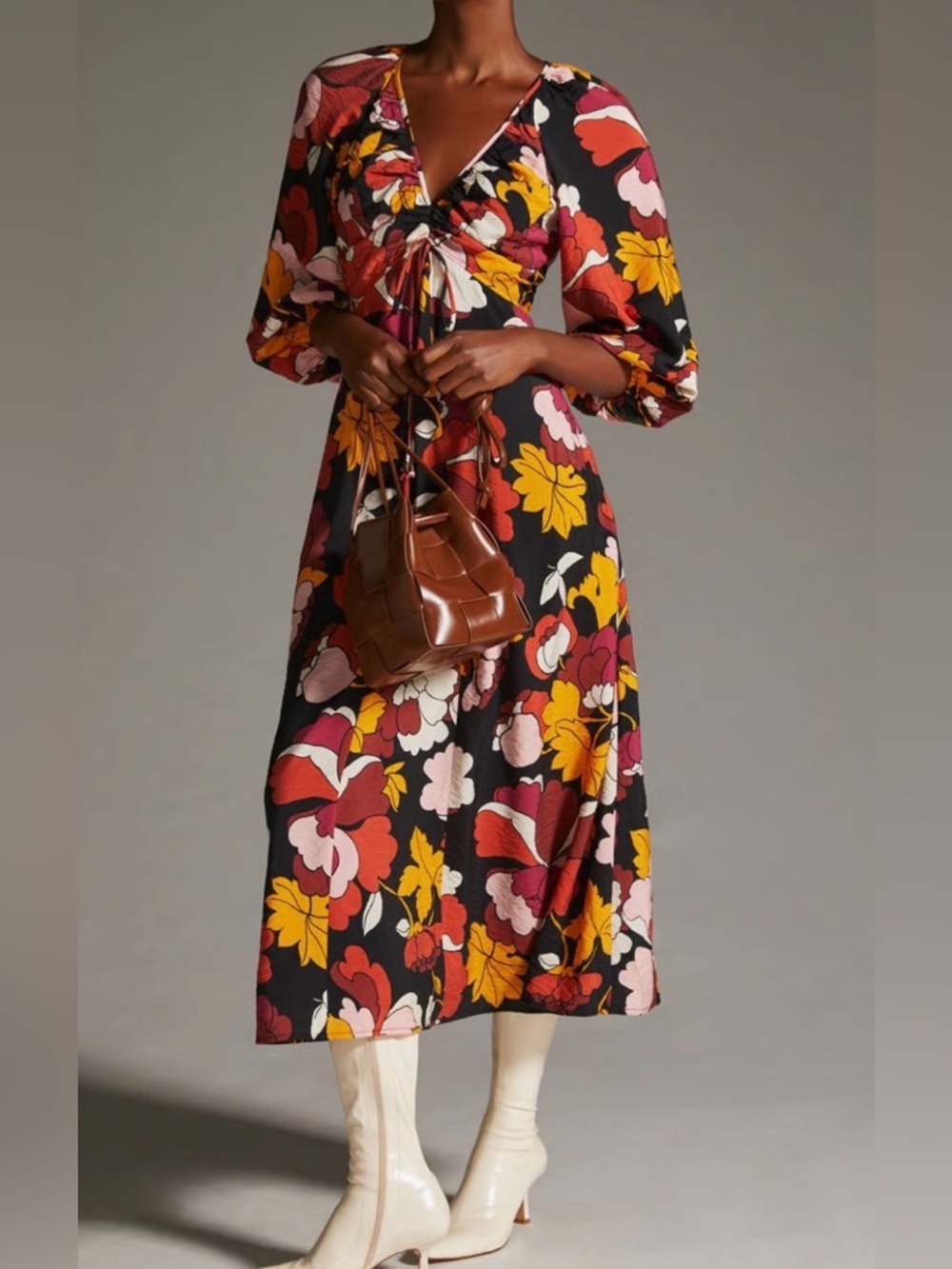 Maeve deep B ruched floral midi dress, size 8